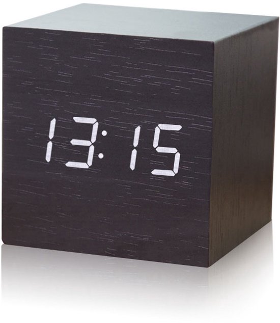 Wekker kubus hout - Kleine houten klok - Digitaal - LED display - 6x6 cm - Temperatuur - Werkt op batterij/USB - Clock wooden cube - Wekker nachtkastje - Zwart- Jonyx