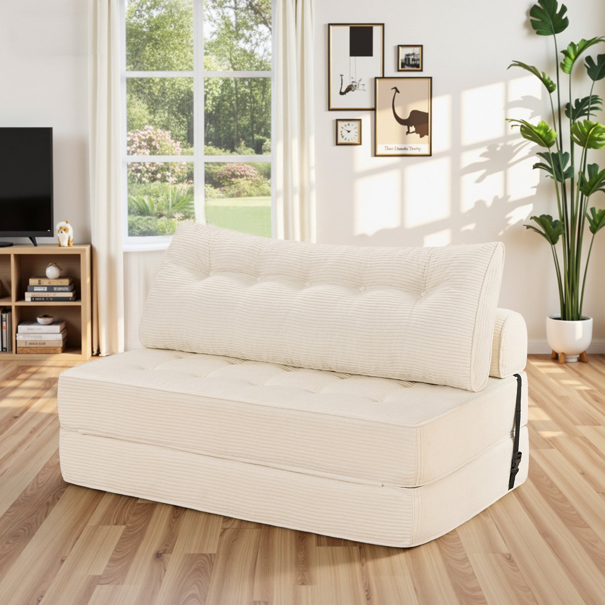 HOMMPA Opvouwbare Slaapbank 3-in-1 – Verstelbare Sofa, Slaapstoel en Bed met Kussen – Comfortabele Bodemsofa / Lounge Stoel voor Slaapkamer en Woonkamer – Wit, 130 cm