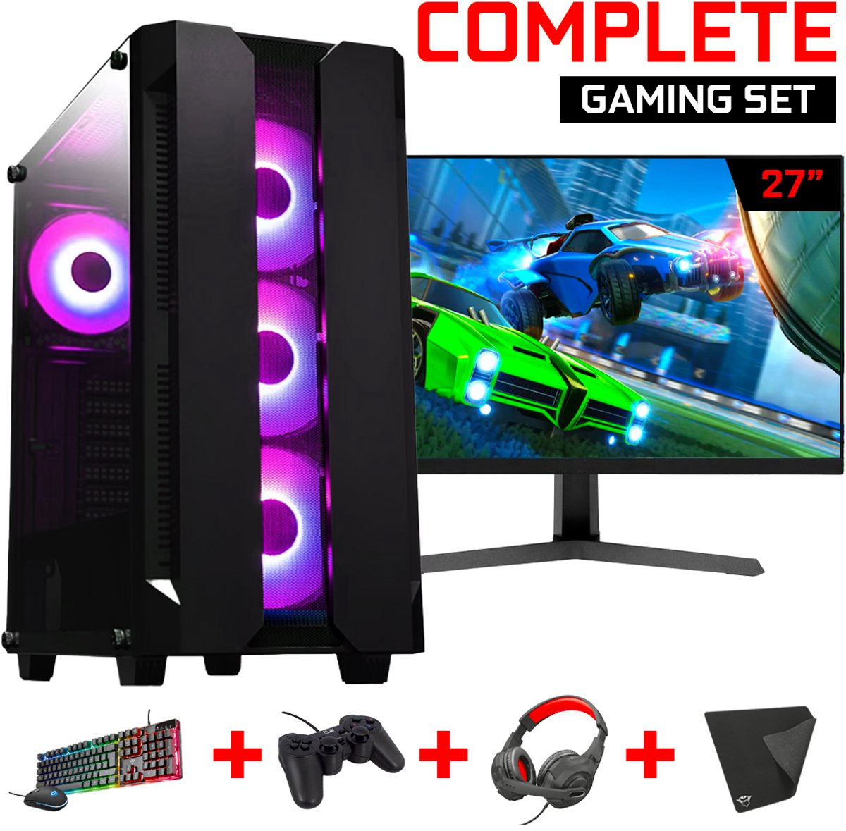 ScreenON - Gaming Set - X150128 - V2 (GamePC.X150128 + 27 Inch Monitor + Toetsenbord + Muis, Controller, Headset & Muismat) + WiFi & Bluetooth