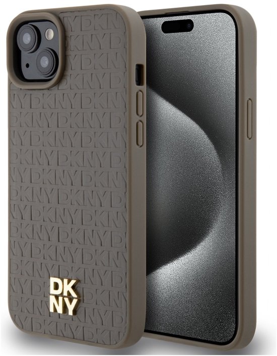 DKNY iPhone 15 hoesje bruin leer patroon hardcase met MagSafe bescherming krassen stoten