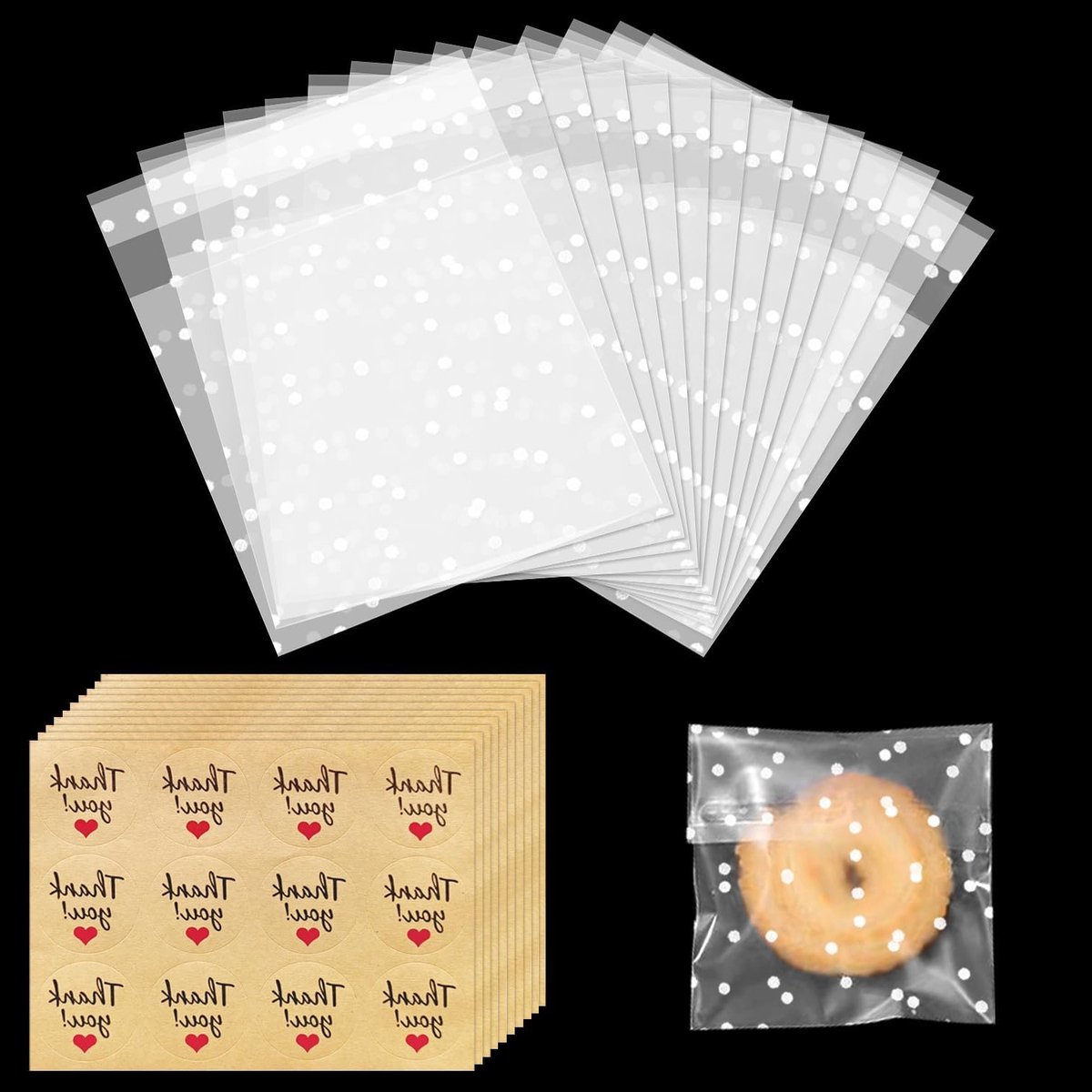 Hernieuwbare Cellofaanzakjes voor Koekjes, Snoep en Cadeaus - 100 Stuks met Bedankstickers en Zelfklevend (10x10cm)