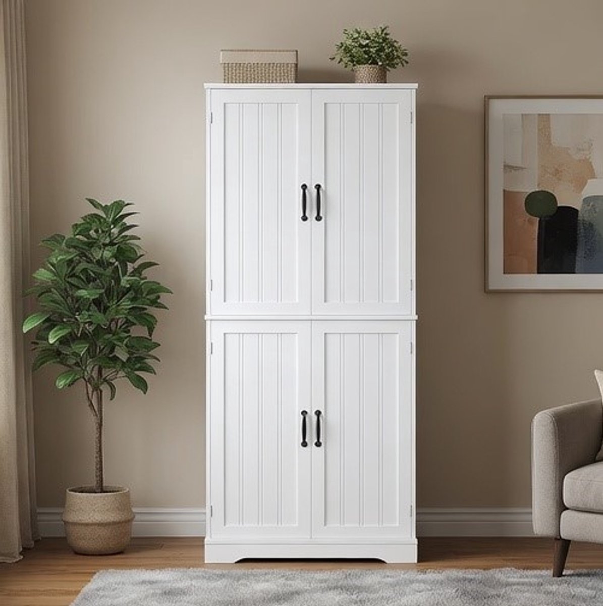 Hoge Keukenkast 180 cm met 4 Deuren – Moderne Multifunctionele Opbergkast voor Keuken, Woonkamer & Badkamer – Ruime Voorraadkast met Legplanken, Wit | Ganeey