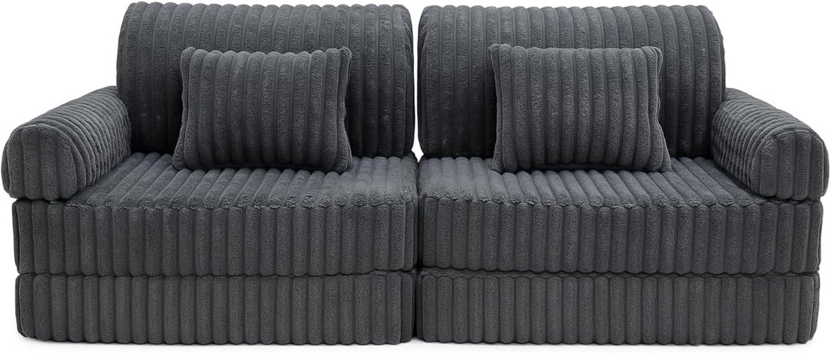 Modulaire Kinderbank Grafiet Ribstof – Uitklapbare Speelbank van Schuim voor Kinderen, Kinder Slaapbank en Matras voor Kinderkamer en Speelkamer