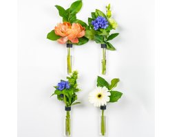 TWILG - Magnetische Muurvaasjes - 4 Stuks - Stek vaasjes - Glas - Zwart leer - Stekjes - Moederdag - Moderne vaas - Stekstation - Wandvaas - Droogbloemen - Reageerbuisjes