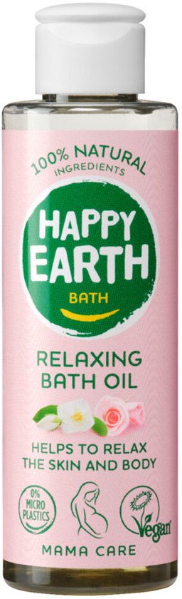 Happy Earth Mama Care Relaxing Bath Oil fles van 150 ml met roze label en witte dop.