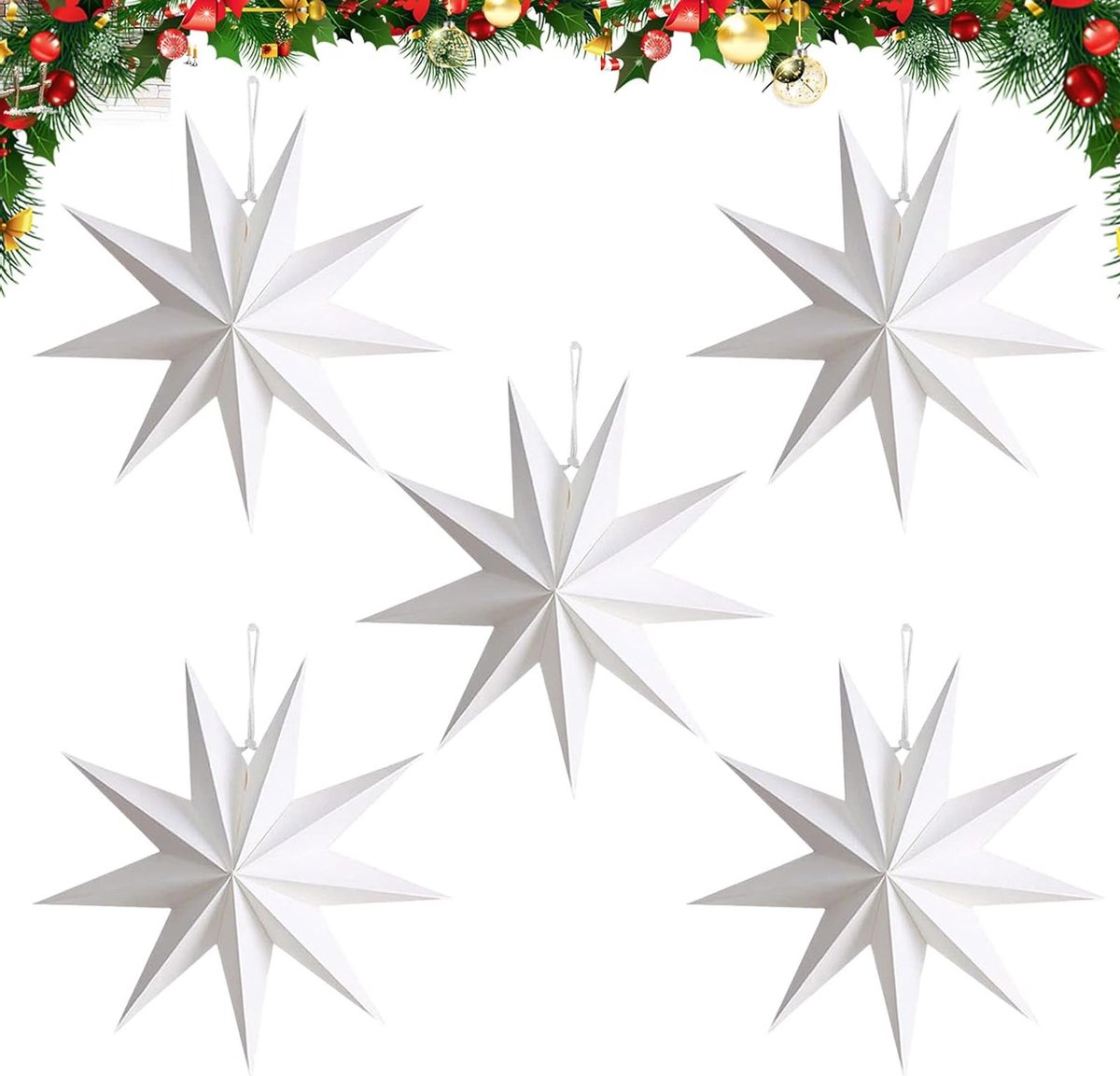 Set van 5 Witte Papieren Sterren - Vouwbare Decoratieve Sterren voor Kerst, Feestdagen en Bruiloften - 30 cm Hangdecoratie voor Tafel, Raam en Kamers