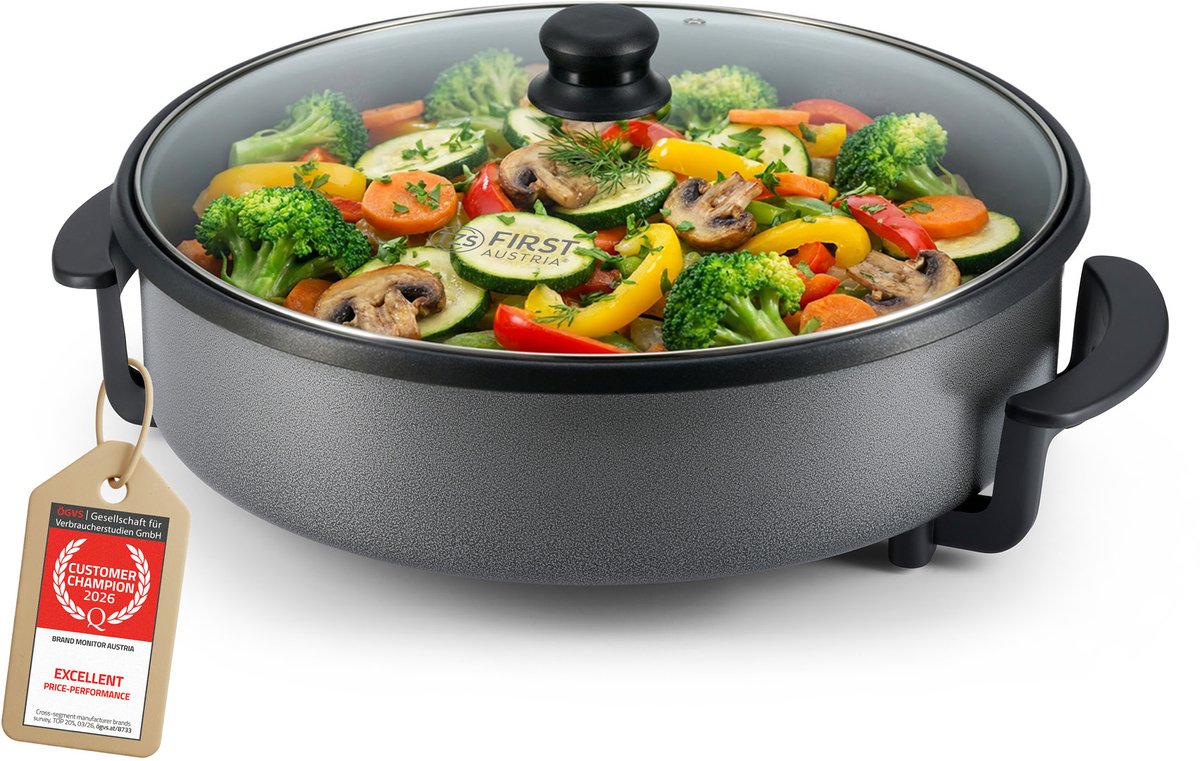 TZS First Austria - Elektrische hapjespan 6,5L - 1500W - Ø40cm Deksel - Maximale temperatuur 240⁰ C - Indicatie lampje - Zwart