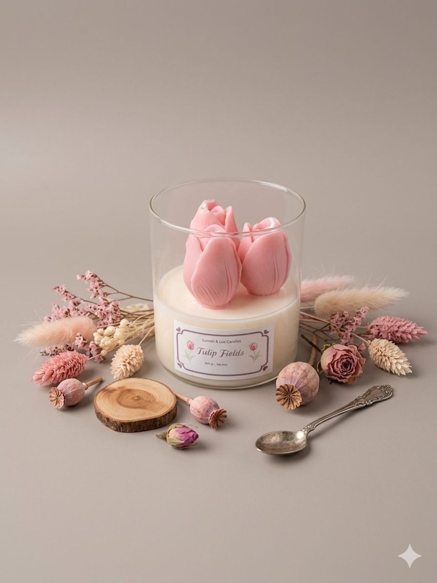 Lumen and Lux Candles Luxe Geurkaars met Tulpdesign – Handgemaakt | Stijlvolle Glazen Pot met Houten Deksel - Moederdag Ivoor, Roos