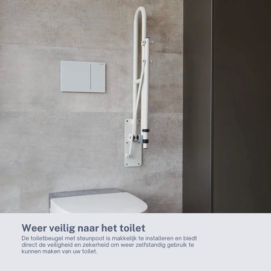 Opklapbare toiletbeugel met steunpoot, bij een toilet. "Weer veilig naar het toilet".