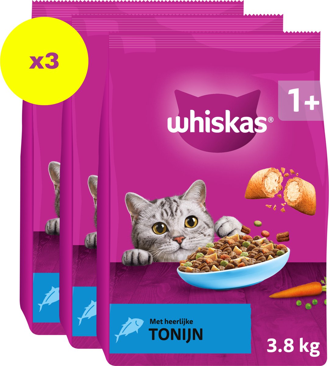 3x Whiskas 1+ Adult Katten Droogvoer Tonijn 3,8 kg