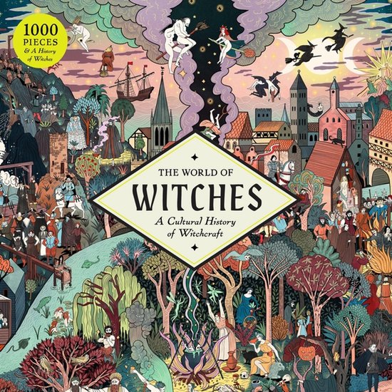 Puzzel van 1000 stukjes met de titel 'The World of Witches: A Cultural History of Witchcraft'. Het toont een drukke, kleurrijke scène met heksen, kastelen en schepen.