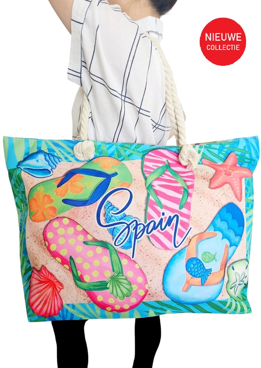 Big Shopper zomer Blauw Roze met portefeuille - Grote Strandtas met ritssluiting- Weekendtas 55x35x16 cm - Shopper tas met rits aansluiting| Strand| Vakantie| Dag uit