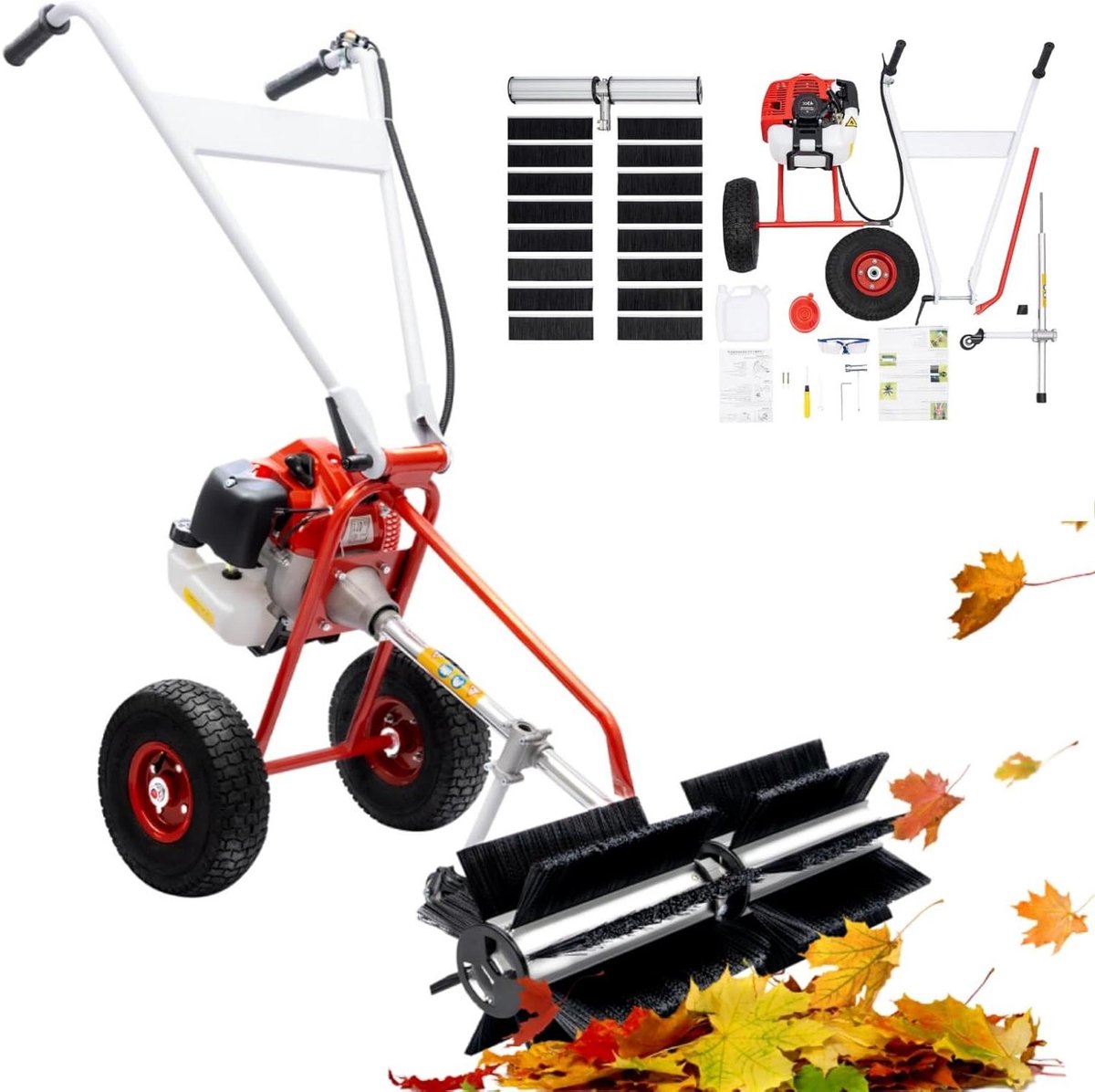 Benzine Veegmachine - Motorbezem - Opritten Reinigen - 60cm Werkbreedte - 43cc Motor - Rood