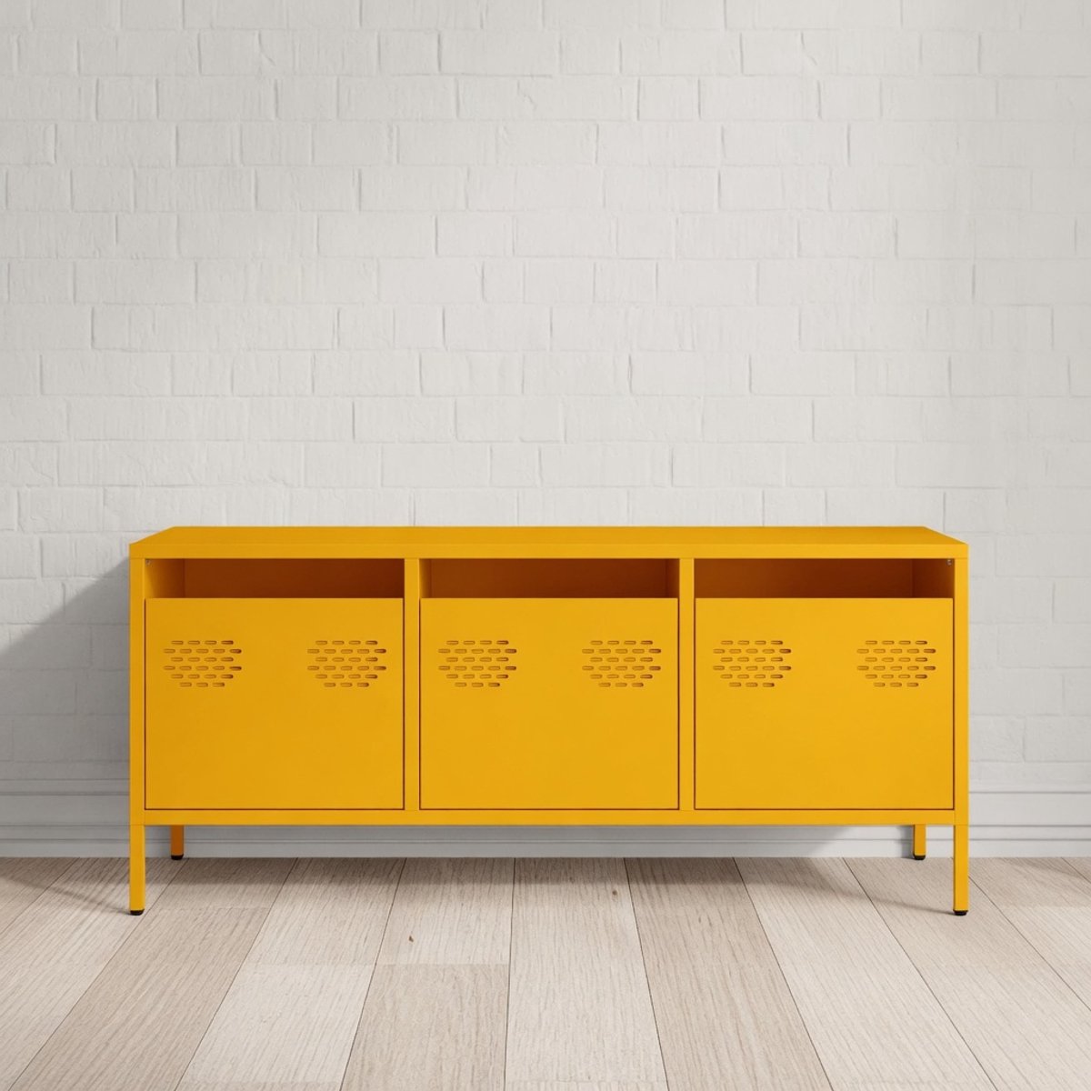 Industrieel TV-Meubel 101,5 cm – Metalen TV Kast met 3 Lades – Staal Mosterdgeel – Modern 