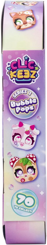 Zijkant van een Clickeez-verpakking met afbeeldingen van verschillende figuurtjes: kat, aardbei, paddenstoel.