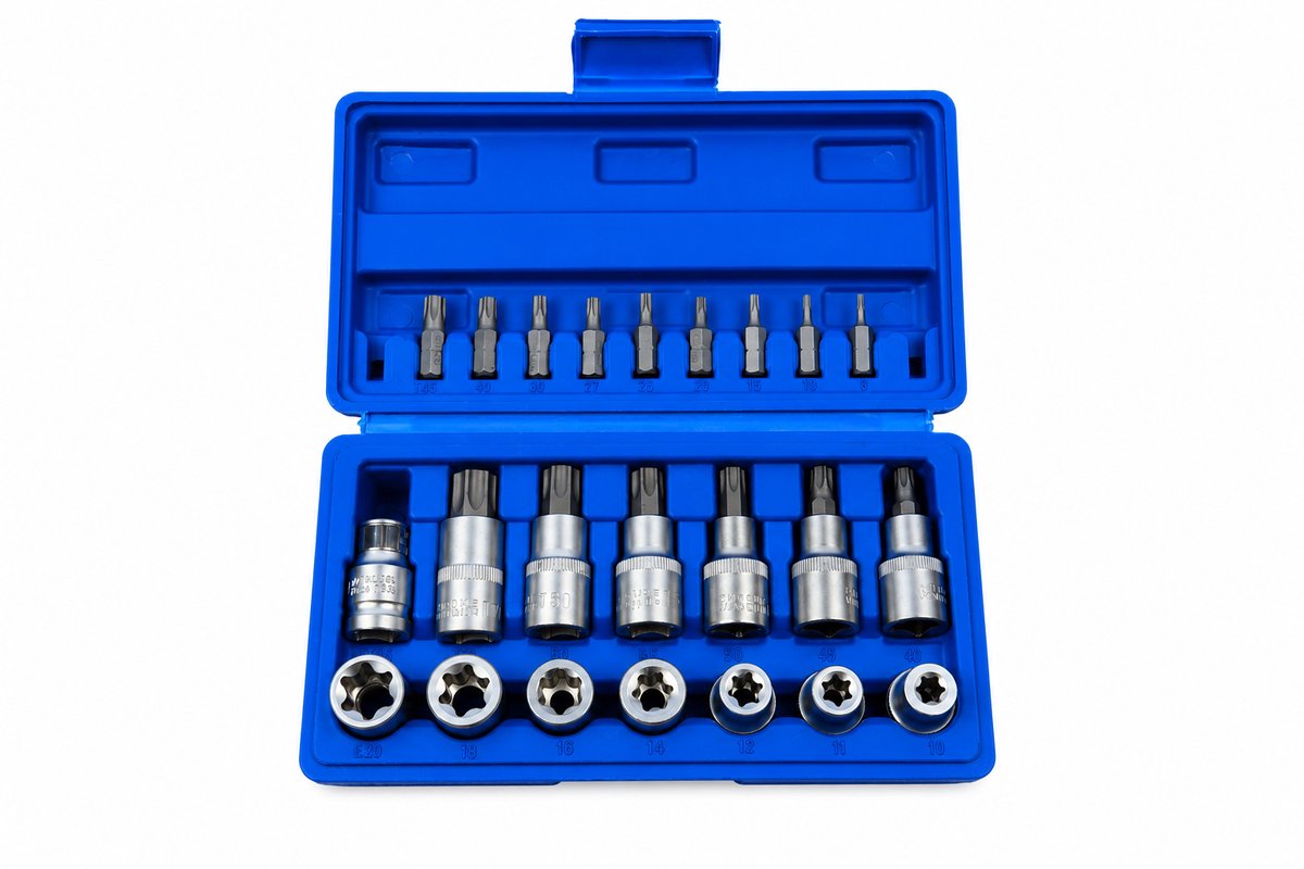 Mahn Torx en E-Torx Doppenset – 23-delig – T8 t/m T60 – E10 t/m E20 – 1/4", 3/8" en 1/2" aansluiting