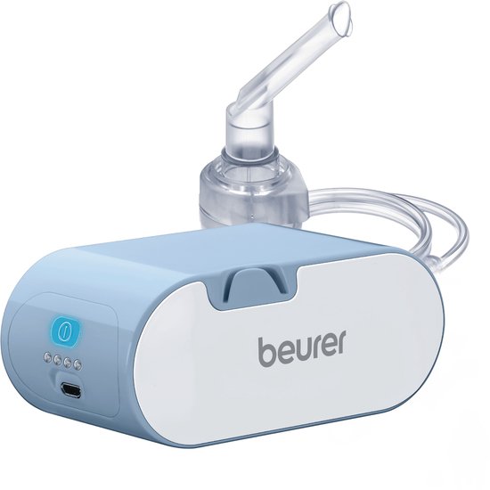 Beurer inhalator met blauw en wit apparaat en vernevelaar. Het apparaat heeft een aan/uit-knop en batterij-indicator.