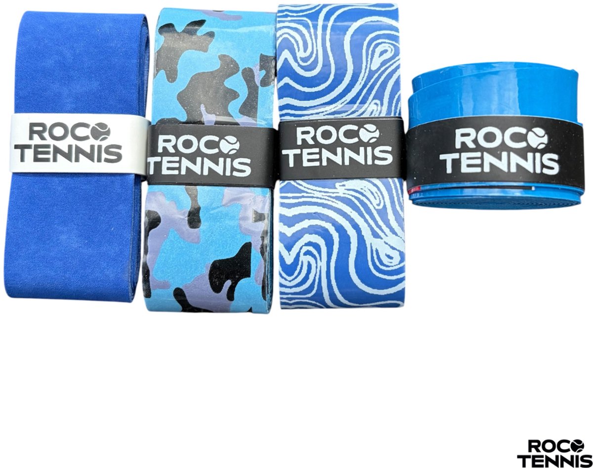 4 stuks | Roco Tennis Overgrips | Antislip | Dry | Zweetabsorberend | Uniek Patroon | Tennis | Padel | Badminton | Squash | Overgrip | Tennisgrips | Soft | Zacht | Blauw