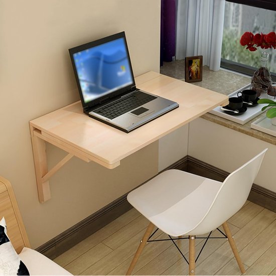 Opklapbaar Wandbureau – Wandgemonteerd Inklapbaar Bureau 120x40 cm – Massief Grenen Hout Ruimtebesparend Zwevend Bureau met Opbergplanken – HomebyNicole