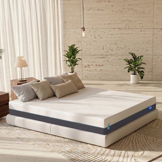 Moderne slaapkamer met een CHICASA matras op een boxspring, kussens en planten.