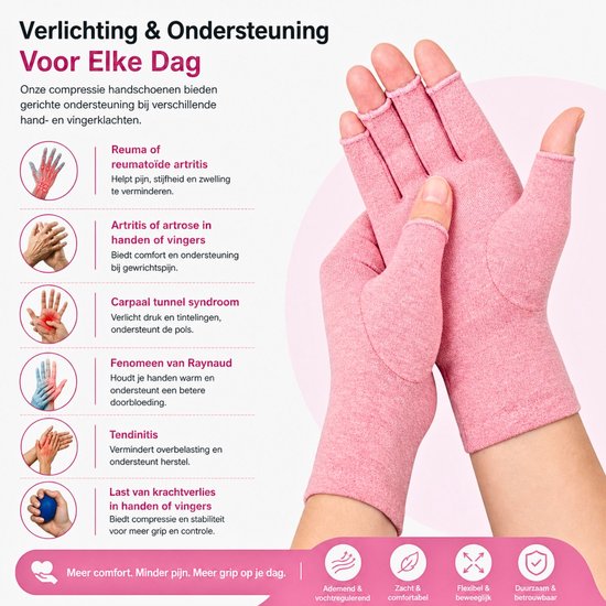 KANGKA® Reuma Compressie Handschoenen - Open vingertoppen voor Bewegingsvrijheid - Verlichting van Artritis en Reumatische Pijn - Maat L - Roze Kleur
