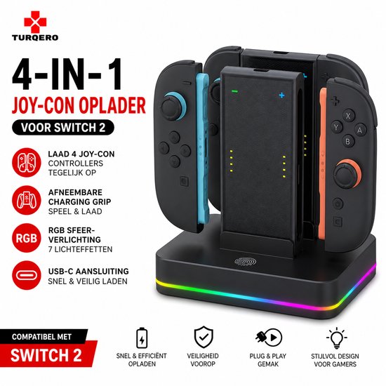 Zwarte 4-in-1 Joy-Con oplader voor Switch 2 met RGB-sfeerverlichting en afneembare grip.