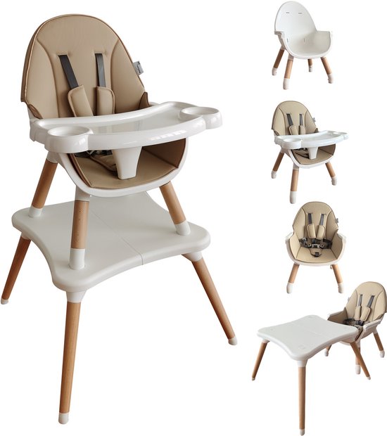 ComfyKidz® Multifunctionele 5 in 1 Kinderstoel inclusief Speeltafel | Houten Eetstoel Baby & Peuterstoel | Wit / Lichtbruin | 6 Maanden tot 6 Jaar | MultiSeat Latte