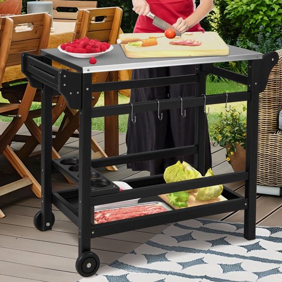 Buitenkeuken op Wielen - BBQ Trolley - Met Opbergkast & Planken - Werktafel voor Buiten - Hout & Metaal - Multifunctioneel - Zwart — afbeelding 2
