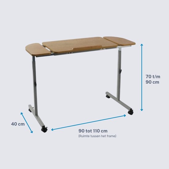 Verstelbare bedtafel op wielen met een houten blad, 70-90 cm hoog, 40 cm diep, 90-110 cm breed.