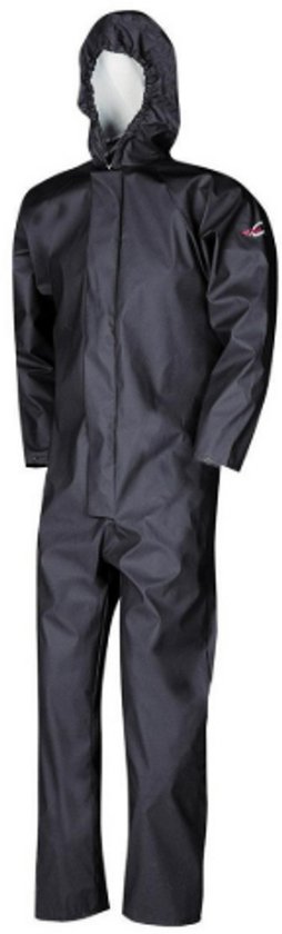 Donkerblauwe Sioen overall met capuchon, lange mouwen en een ritssluiting. Een logo op de linker borst.