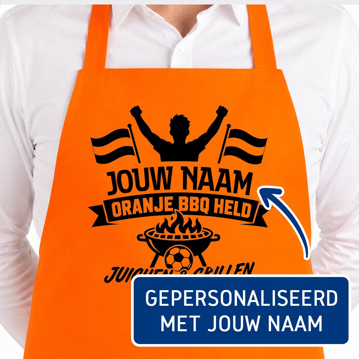 Keukenschort BBQ Held Juichen - WK Voetbal oranje - Gepersonaliseerd Met Jouw Naam - 65x90cm - 100% katoen - Schort - Keukenschorten - Verjaardags cadeau - BBQ - Vaderdag - Moederdag cadeau