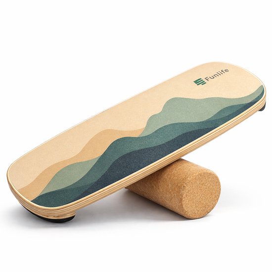 Funlife Balansbord met Roller - Houten Balance Board van Berkenhout - Antislip Core Trainer tot 150 kg - Inclusief Kurkrol - Groen Berg Design