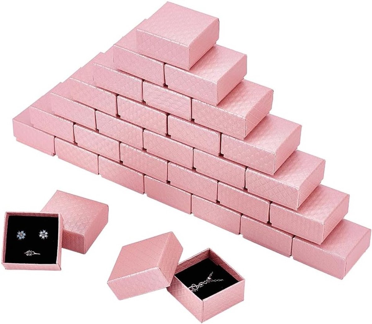 30 Stuks Vierkante Kartonnen Sieraden Dozen met Diamant Patroon, Roze Verpakking voor Ringen en Oorbellen, Ideaal voor Festivals en Sieraden Display