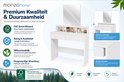 Witte kaptafel met spiegel, lades en open vakken, met informatie over duurzame materialen en constructie.