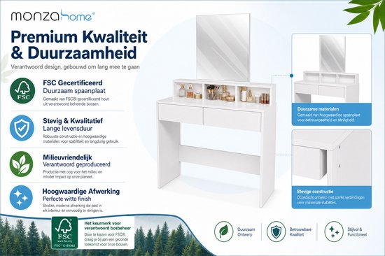 Witte kaptafel met spiegel, lades en open vakken, met informatie over duurzame materialen en constructie.