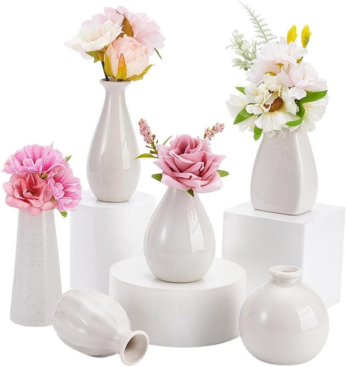 Mini Keramische Bloemenvazen Set van 6, Diverse Stijlen voor Landelijke Decoratie, Moderne
