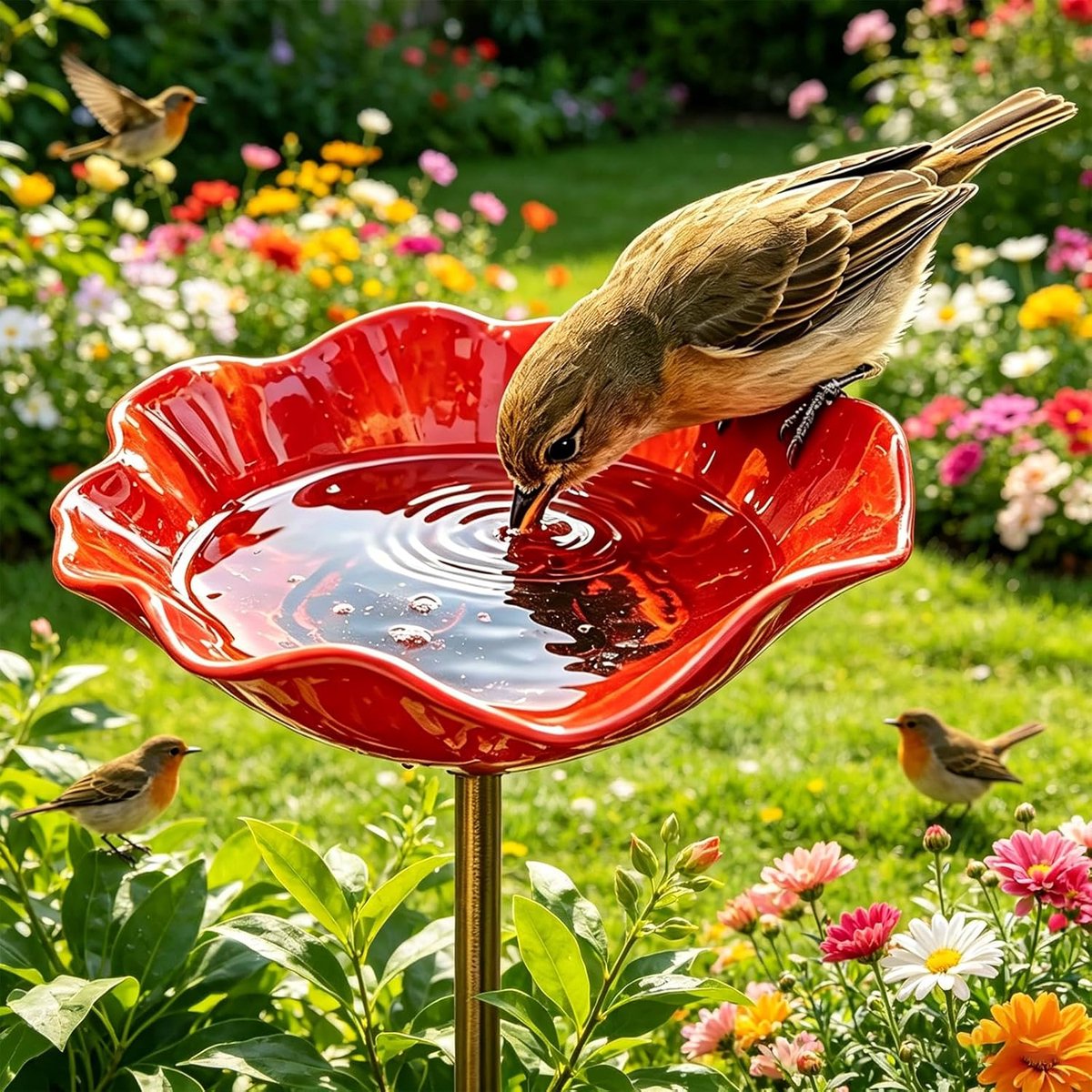 Vogelbadje - Vogeldrinkbakken - 15 x 15 x 60 cm - Metaalbloemen-tuinpaal-vogeldrinkbak - Vogelbad voor Buiten - Kleurrijke Drinkbak voor Vogels, Vlinders en Bijen - voor Buiten voor Tuin-, Gazon- en Terrasdecoratie - Rood