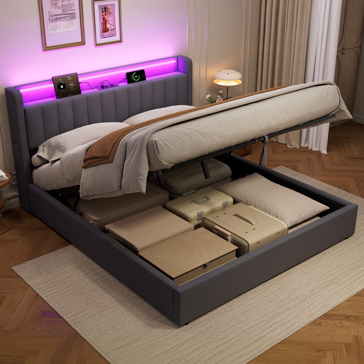 Wishdor Gestoffeerd Bed met LED & USB - Lits-jumeaux 180x200 cm - Hydraulisch, Zijtassen & Slank Hoofdbord - Fluweel Grijs