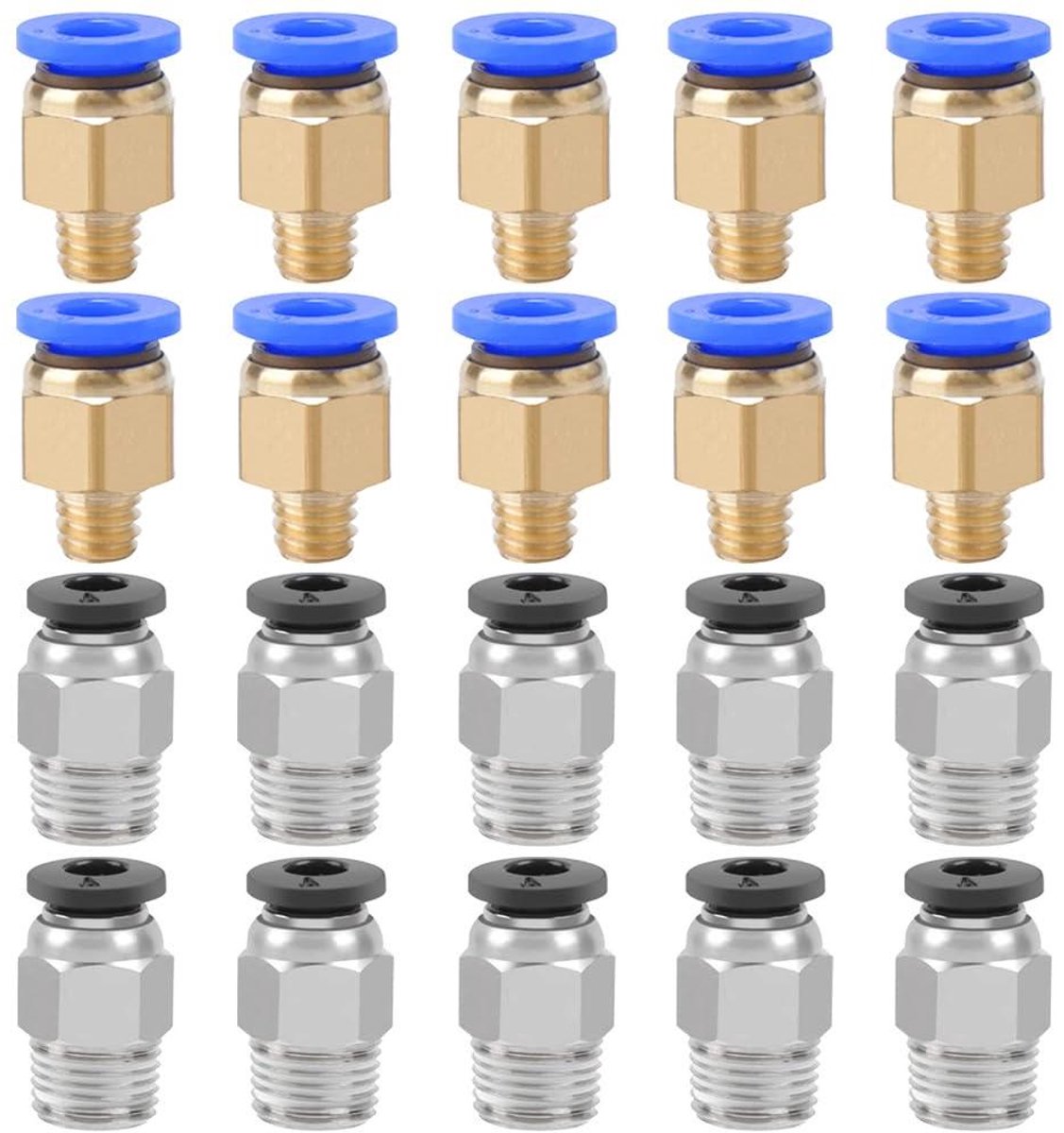 Pneumatische Connectoren Set - 3D Printer Onderdelen - 3D Printen Verbeteren - Duurzaam Koper Staal - 20 Stuks - Zilver Blauw