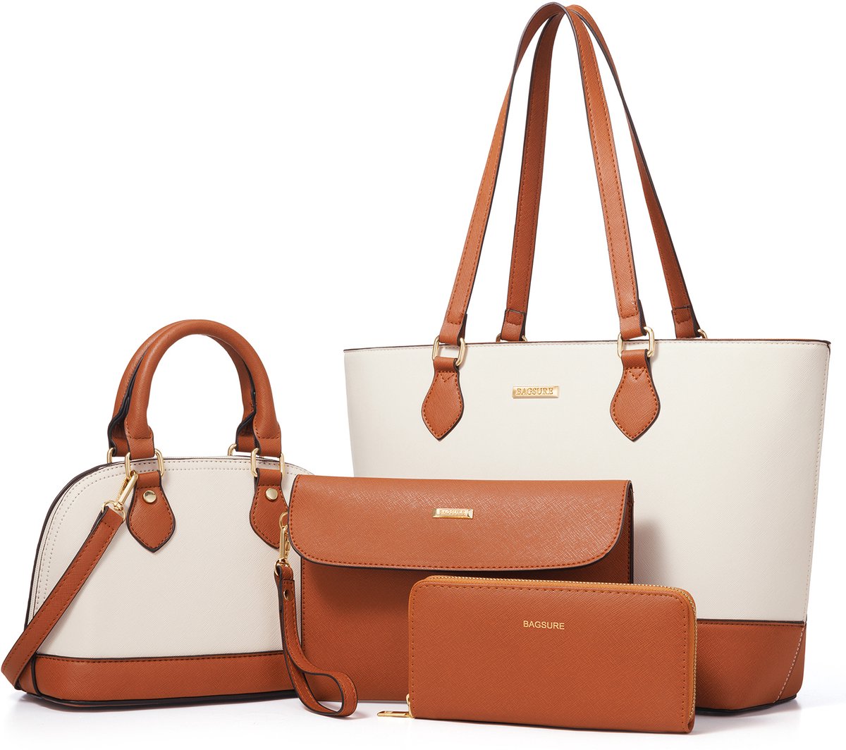 MODENUIT Handtassen - Handtas Set Voor Dames, Grote En Middelgrote Schoudertas Met Kleine En Grote Portemonnees, PU, Bruin + Wit, 33 x 26,5 cm