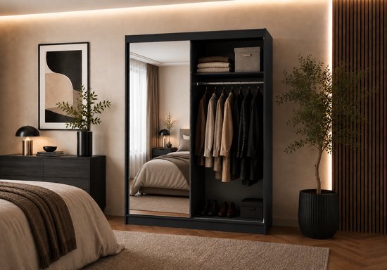 Schuifdeurkast LARA 05 – 2-deurs kledingkast met spiegel, legplanken en kledingroede – modern design – 150x200x61 cm - LARA 05 (Zwart)