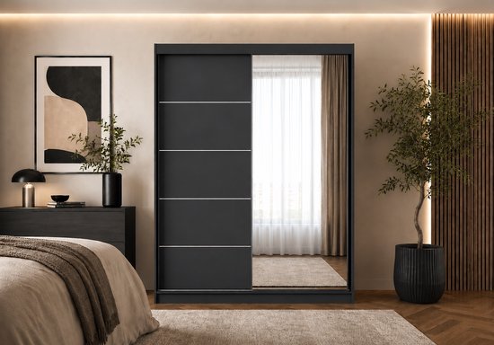 Schuifdeurkast LARA 05 – 2-deurs kledingkast met spiegel, legplanken en kledingroede – modern design – 150x200x61 cm - LARA 05 (Zwart)