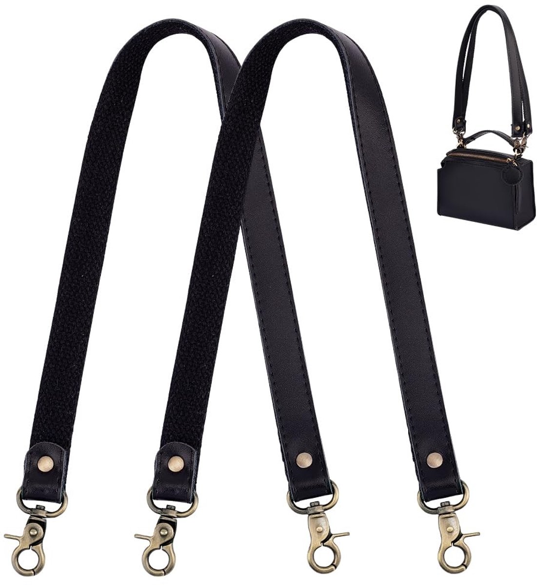 aladdien - Vervangende Handgrepen - Zwarte Leren Handvatten - 58cm - Antieke Bronzen Kleur - Geschikt voor Handtassen - Ideaal voor DIY Projecten