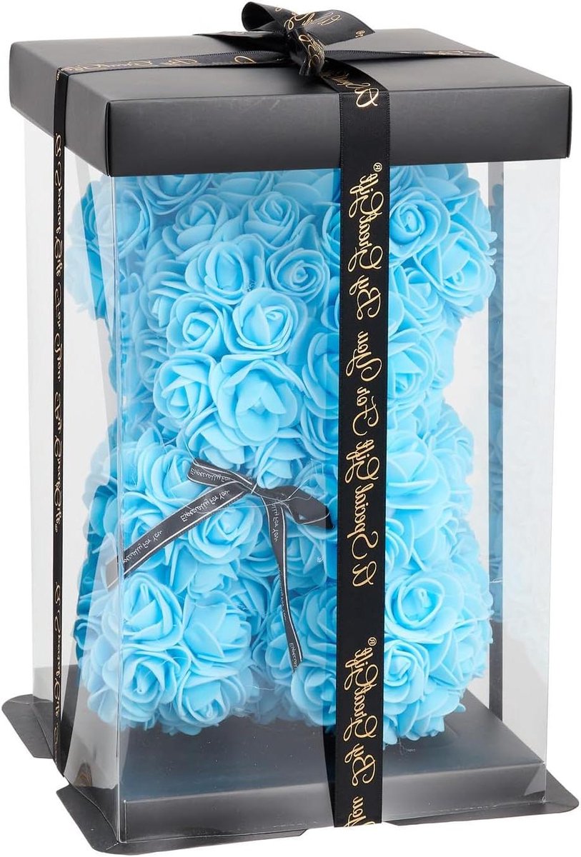 Rozenbeer Blauw - Cadeaubeer Bloem - Romantisch Gebaar - Handgemaakt Foam Roosjes - 25 cm - Blauw