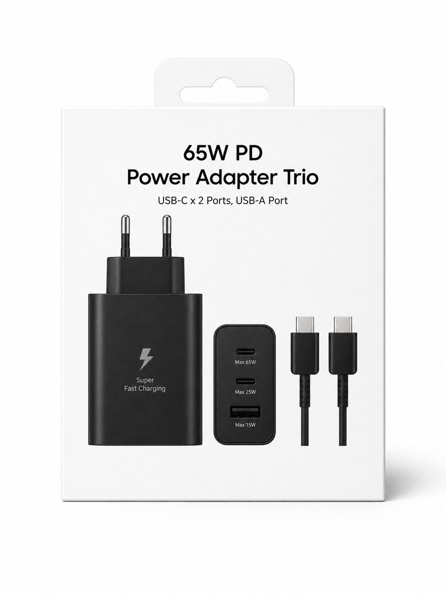 65W PD Power Adapter Trio – USB-C x2 + USB-A Snellader