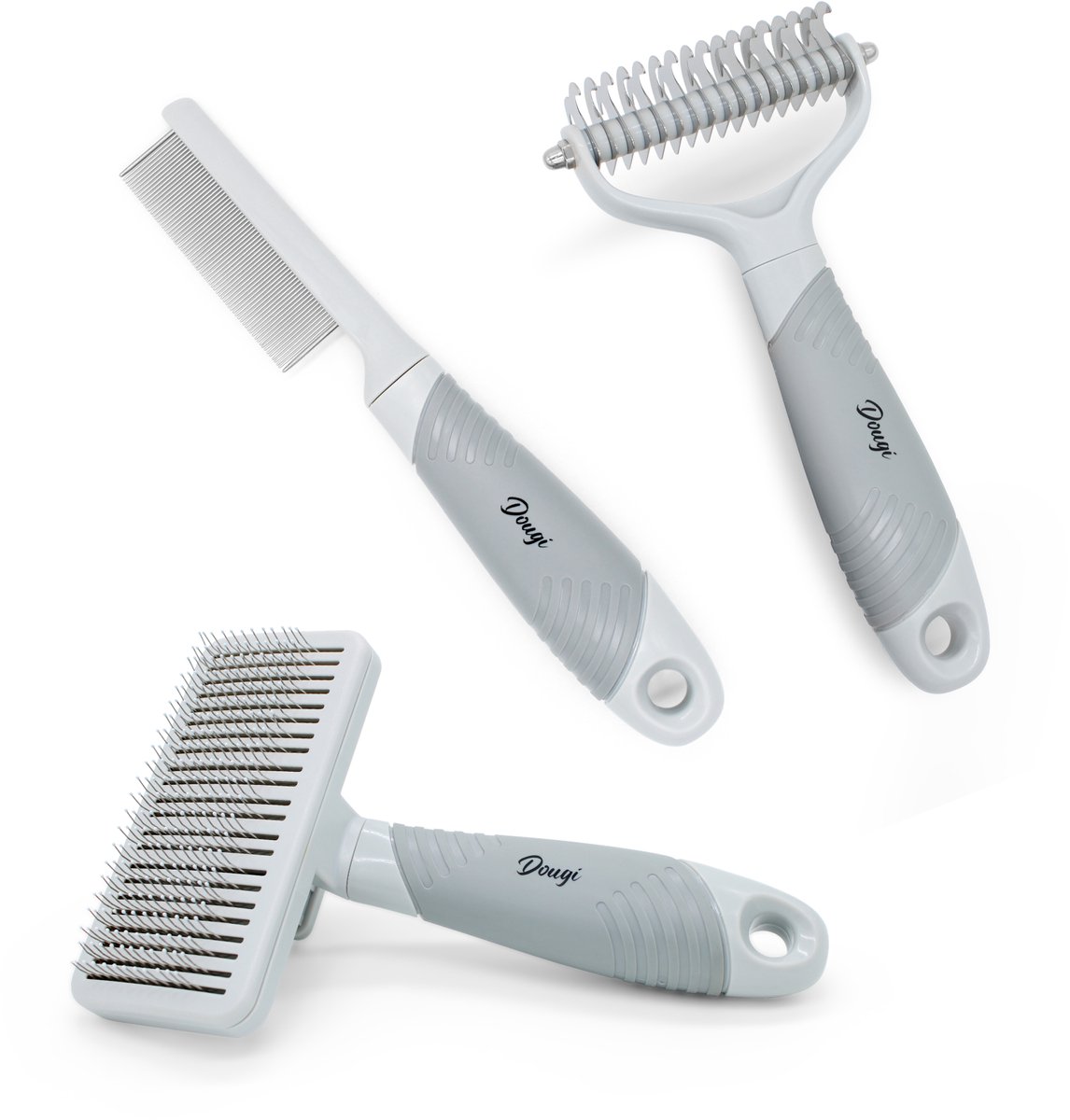 Dougi - Borstelset 3-in-1 - Slickerborstel Zelfreinigend + Ondervachtkam + Vlooienkam - Hondenborstel & Kattenborstel - Lang & Kortharig - Inclusief Gratis E-Book