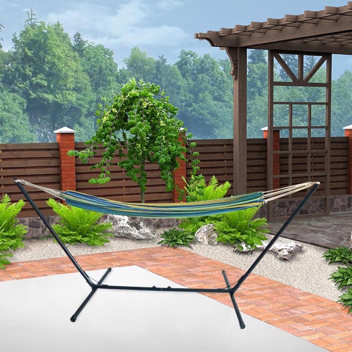 Metalen Hangstoel Standaard - Hangmat Stoel - Ontspannen Buiten - Robuuste Stalen Constructie - 386 x 105 x 123 cm