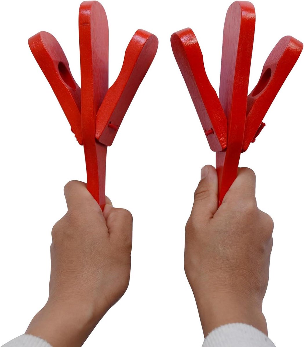 Houten Castagnetten - Perkussie Instrument - Muziek Leren - Met Handvat - 2 Stuks - Rood