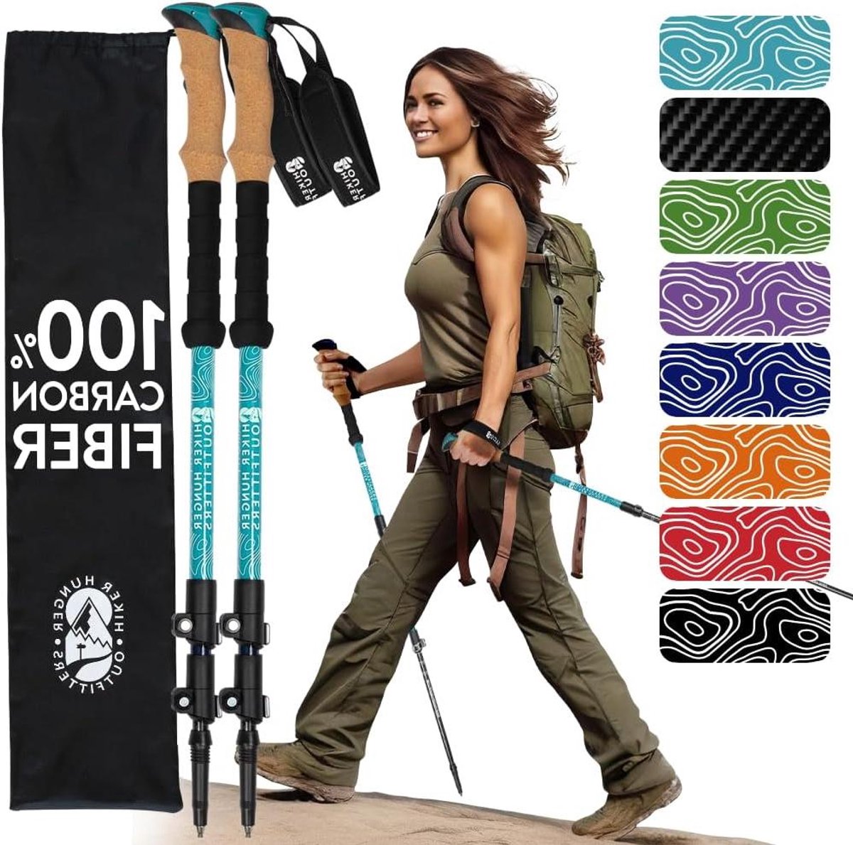 Wandelstokken Koolstofvezel - Trekstokken Opvouwbaar - Buiten Wandelen - Ergonomische Kurkgrepen - 24-55 inch - Kurk Teal