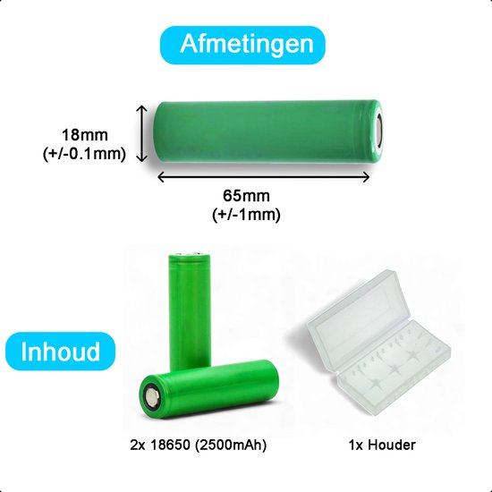 Afmetingen groene 18650 batterij: 18mm breed, 65mm lang. Inhoud: 2x 18650 (2500mAh) en 1x houder.